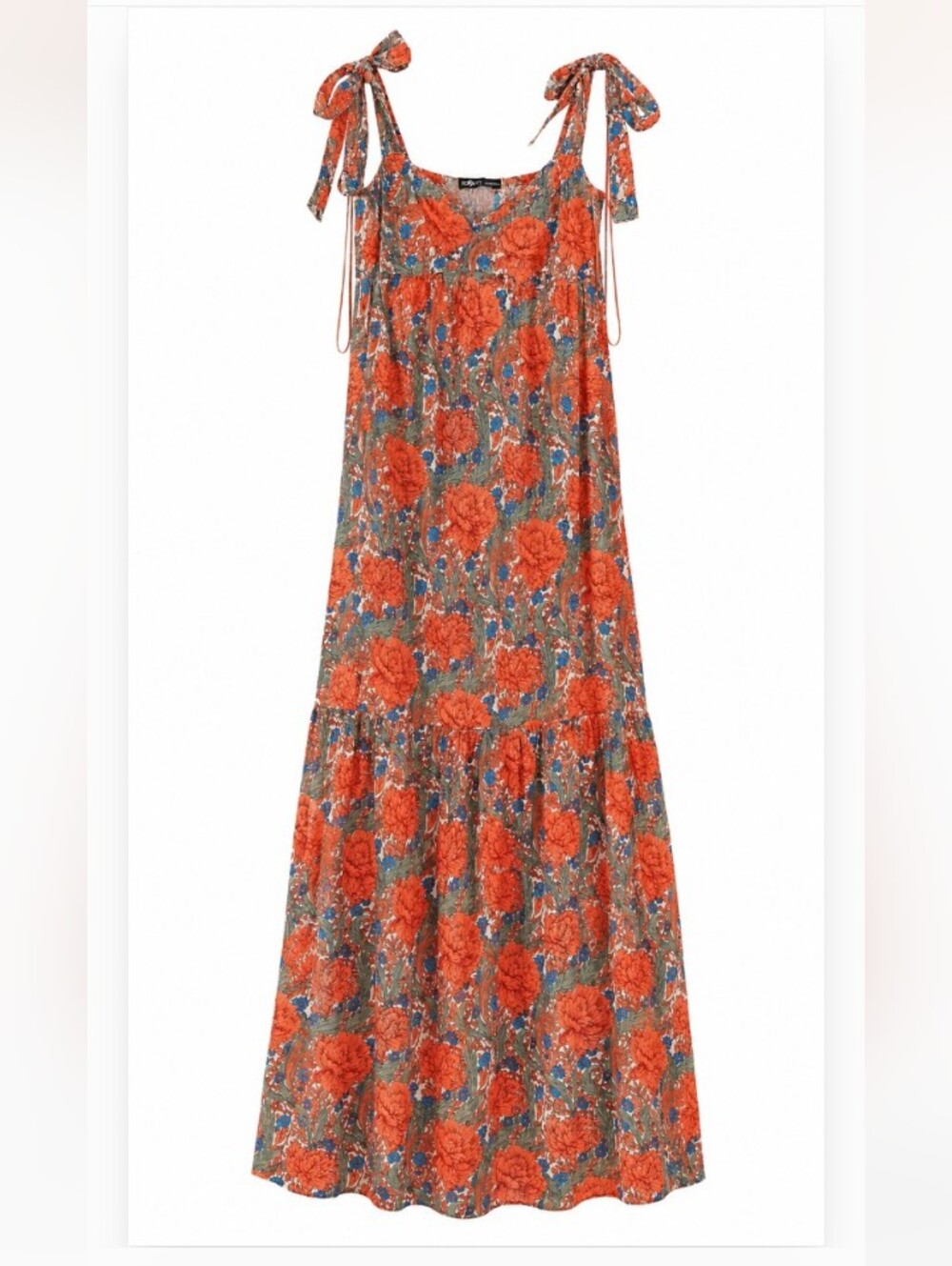 Zara Women's XS Maxi Dress Printed Orange Floral Sundress Tie Bow Straps NWOT